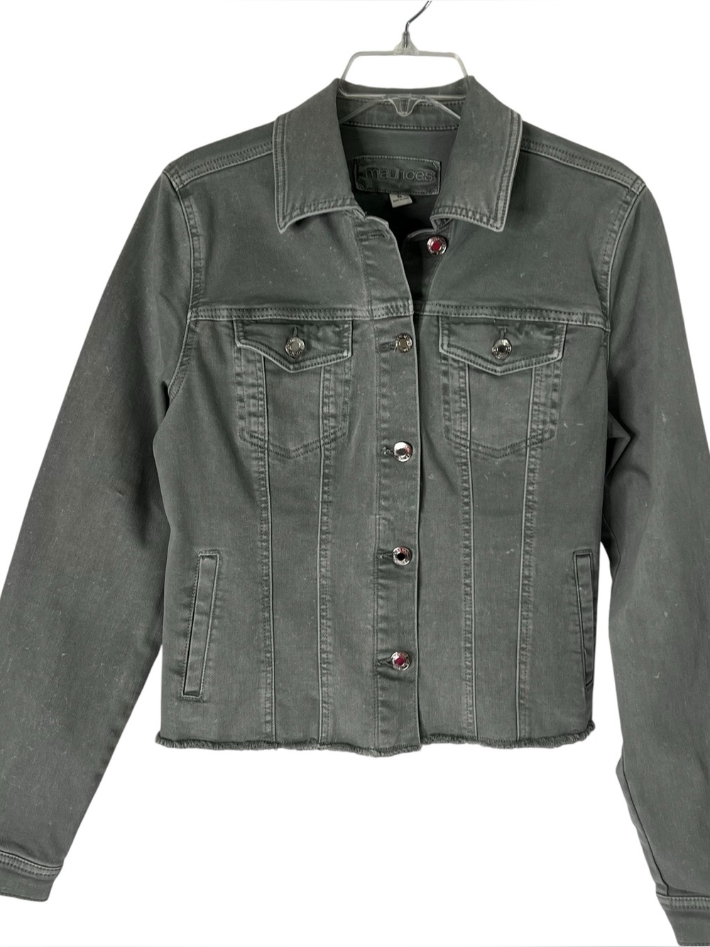 Maurices Jean Denim Button Jacket Sz Small Green/Gray Raw Edge Bottom Distressed